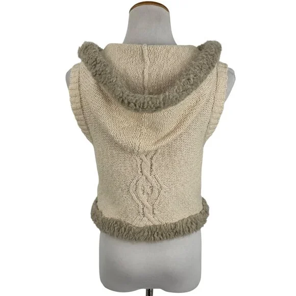 Vtg Y2K Old Navy Cream Cable Knit Faux Shearling Trim Hooded Boho Sweater Vest L - Picture 8 of 16